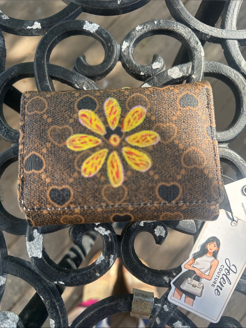 Brown Monogram Heart Print Mini Wallet with Hand-Painted Flower